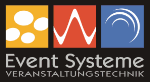 Logo von Event Systeme Veranstaltungstechnik mit Grafiken und Schriftzug auf schwarzem Hintergrund.