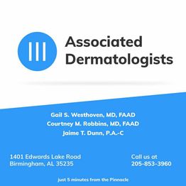 Associated Dermatologists logo and contact information, Birmingham, AL location and phone number.