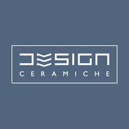 Logo su sfondo blu con testo "DESIGN CERAMICHE" in bianco.