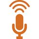 Oranje microfoon pictogram met draadloze signalen erboven, op een witte achtergrond.