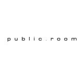 Weiße Fläche mit schwarzem Text: "public room" in kleiner, schlichter Schriftart.