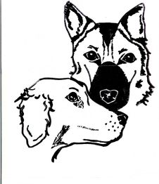 Schwarz-weiße Zeichnung von zwei Hundegesichtern übereinander: Schäferhund und Labrador.