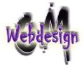 Logo mit lila Text "Webdesign" vor schwarzem, unscharfem Hintergrund mit Buchstaben.
