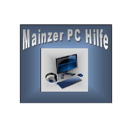 "Logo von Mainzer PC Hilfe mit Computer, Tastatur, Maus und Headset auf blauem Hintergrund."