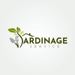Logo avec outils de jardinage, feuilles, et texte "Jardinage Service" sur fond blanc.