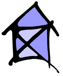 Abstrakte lila Hausform mit schwarzen Linien, die geometrische Muster bilden.