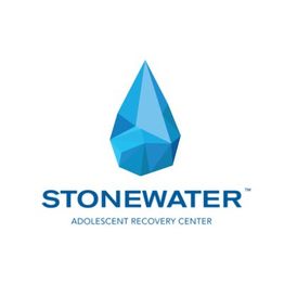 Blue geometric water droplet above "STONEWATER Adolescent Recovery Center" text.