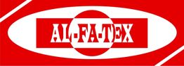 Rotes und weißes AL-FA-TEX-Logo, stilisierte Buchstaben in ovalem Rahmen.