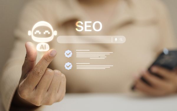 Es schwebt eine digitale Anzeige bestehend aus einem Roboter-Avatar mit der Aufschrift "AI" neben einer Suchleiste mit der Überschrift "SEO" über der Hand eines Menschen, der am Tisch mit einem Handy in der anderen Hand sitzt.