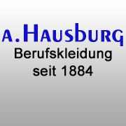 „A. Hausburg Berufsbekleidung seit 1884“ in blauem Text auf grauem Hintergrund.