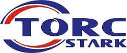 Logo mit blauem Text "TORC STARK", umgeben von einem roten halbkreisförmigen Element.