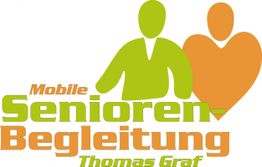 Logo mit Text: "Mobile Senioren-Begleitung Thomas Graf" in Grün und Orange mit Figuren.