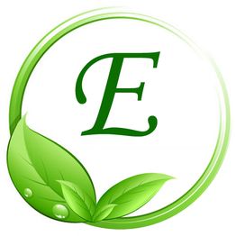 Lettera "E" verde circondata da foglie e cerchio verde.