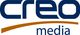 Logo mit blauem Text "creo media" und einer geschwungenen, orangen Linie darunter.