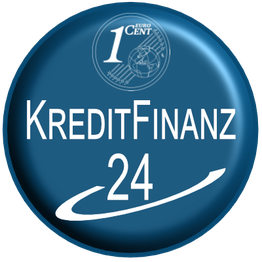 Blaues Logo mit der Aufschrift "KreditFinanz 24" und Münzdesign oben.