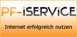 Logo mit Text: "PF-iSERVICE - Internet erfolgreich nutzen", orangefarbener Hintergrund.