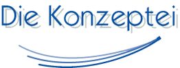 "Logo mit blauem Schriftzug 'Die Konzeptei' und geschwungenen Linien darunter."