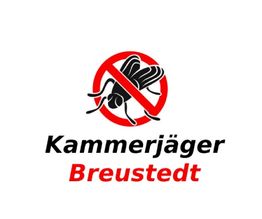 Logo mit durchgestrichener Fliege und Text „Kammerjäger Breustedt“ in Schwarz und Rot.