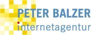 Logo mit gelben Pixeln, Text: "PETER BALZER internetagentur" in Blau und Gelb geschrieben.