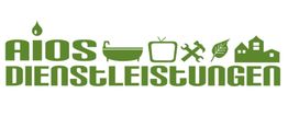 Grünes "AIOS Dienstleistungen"-Logo mit Symbolen: Wassertropfen, Badewanne, Apfel, Werkzeuge.