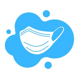 Weiße Maske auf blauem Hintergrund mit Kreisen, symbolisiert Schutz und Gesundheit.