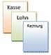 Drei gestapelte Dokumente mit den Überschriften: Kasse, Lohn, Rechnung.