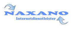 Logo mit blauem Text "NAXANO Internetdienstleister", umgeben von zwei Pfeilen.