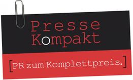 Schwarzes und rotes Schild mit Text: "Presse Kompakt, PR zum Komplettpreis" und Büroklammer.