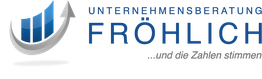 Unternehmensberatung Fröhlich Logo mit blauem Diagramm und grauem Aufwärtspfeil.