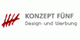 Logo von Konzept Fünf mit rotem Handabdruck und Text "Design und Werbung".