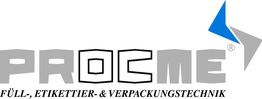 Logo von PROCME mit blau-grauem Dreieck und Text: Füll-, Etikettier- & Verpackungstechnik.