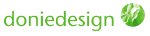 Grünes "doniedesign"-Logo mit einem Erdball in der oberen rechten Ecke.