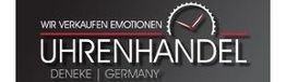 Logo mit Text: "Wir verkaufen Emotionen, Uhrenhandel, Deneke, Germany" auf grauem Hintergrund.
