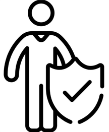 Person icon with a large shield and checkmark, representing protection or verified status.