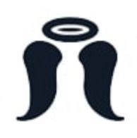 Schwarzes Engelsymbol mit Flügeln und einem Heiligenschein auf weißem Hintergrund.