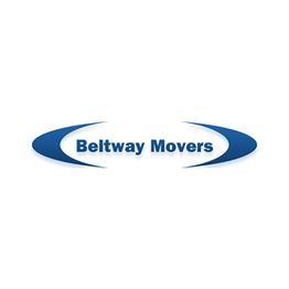 Logo of Beltway Movers with blue curved shapes surrounding the text.