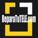Logo con texto "ReparaTuTELE.com" en blanco sobre fondo negro, con marcos amarillo y blanco.