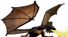 Ein Drache mit ausgebreiteten Flügeln speit Feuer nach rechts auf weißem Hintergrund.