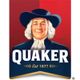 Homem com chapéu em logotipo Quaker; texto "Est 1877" abaixo. Fundo vermelho e azul.