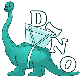 Grüner Dinosaurier mit Buchstaben "DINO" und Brille, die lustig auf seinem Kopf sitzt.