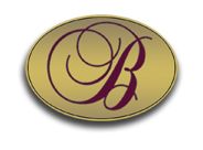 Ovales Emblem mit goldenem Hintergrund und einem geschwungenen roten Buchstaben "B".