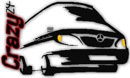 Zeichnung eines Mercedes-Fahrzeugs mit Schriftzug "Crazy24" in Rot auf weißem Hintergrund.