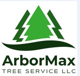Logo of ArborMax Tree Service LLC with three green trees and text underneath.