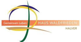 Logo von Haus Waldfrieden Halver mit dem Slogan "Gemeinsam Leben" in bunten Linien.