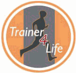 Logo mit laufender Silhouette und Schriftzug "Trainer 4 Life" auf orange-grauem Hintergrund.