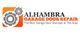 Logo of Alhambra Garage Door Repair with gear icons and orange background.