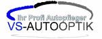 Logo von VS-Autooptik mit Slogan "Ihr Profi Autopflege" und ovalem Element in Blau und Grau.