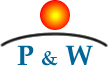 Logo mit Sonnenball und Schriftzug "P&W" darunter, über einer gebogenen schwarzen Linie.