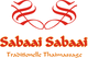 Logo von "Sabaa Sabaai", traditionelle Thaimassage, in roter und gelber Schrift.