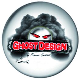 Logo mit Text "Ghost Design", rote Augen, schwarzer Rauch im Hintergrund.